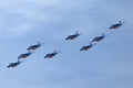 Patrouille de France, the aerobatic display team of the French Air Force Armee de lÃ¢â¬â¢Air flying Dassault-Dornier Alpha Jet E jet Royalty Free Stock Photo